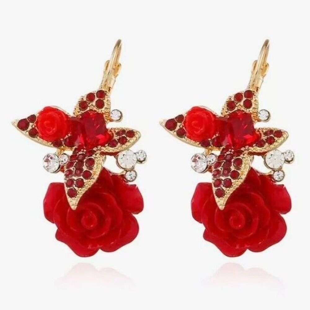 Realistic 3D Red ROSE Flower Earrings NEW Dangle Pierced Rhinestones Gold Lever - Picture 4 of 5